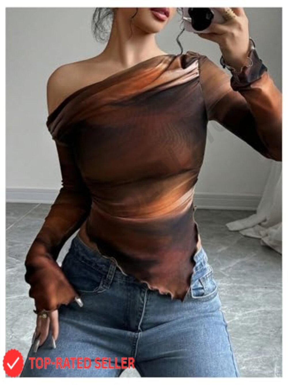 Off Shoulder Mesh Top Long Sleeve Asymmetrical Hem Ruched Fitted Tee Tie Dye - Picture 5 of 5